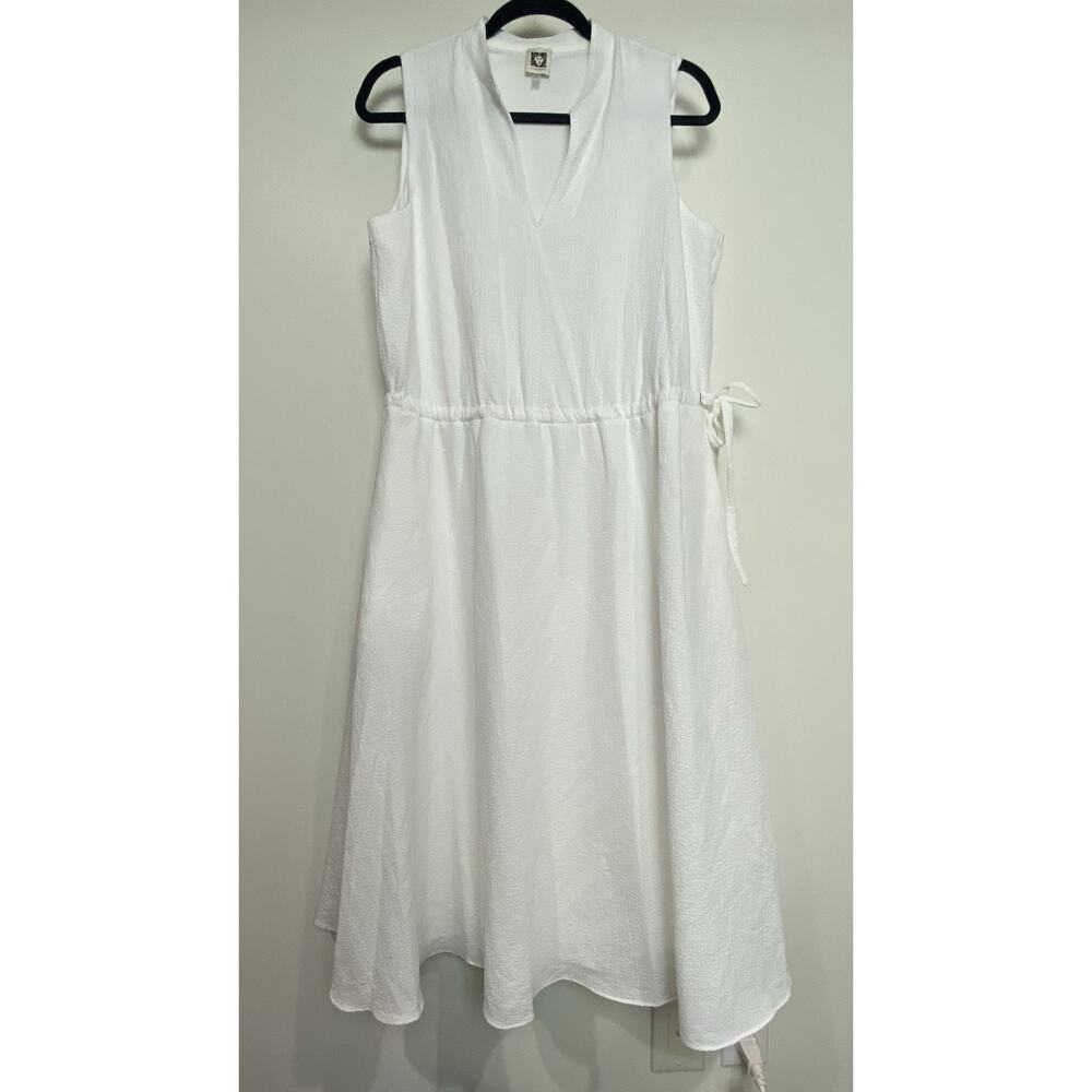 Anne Klein Dress Women Sz 12 White Sleeveless V Neck A Line Tie Waist Lined GUC